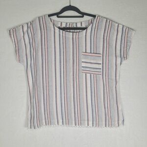 Liz Claiborne Linen Blend Short Sleeve Stripe Top Womens Large - Fringe, Keyhole